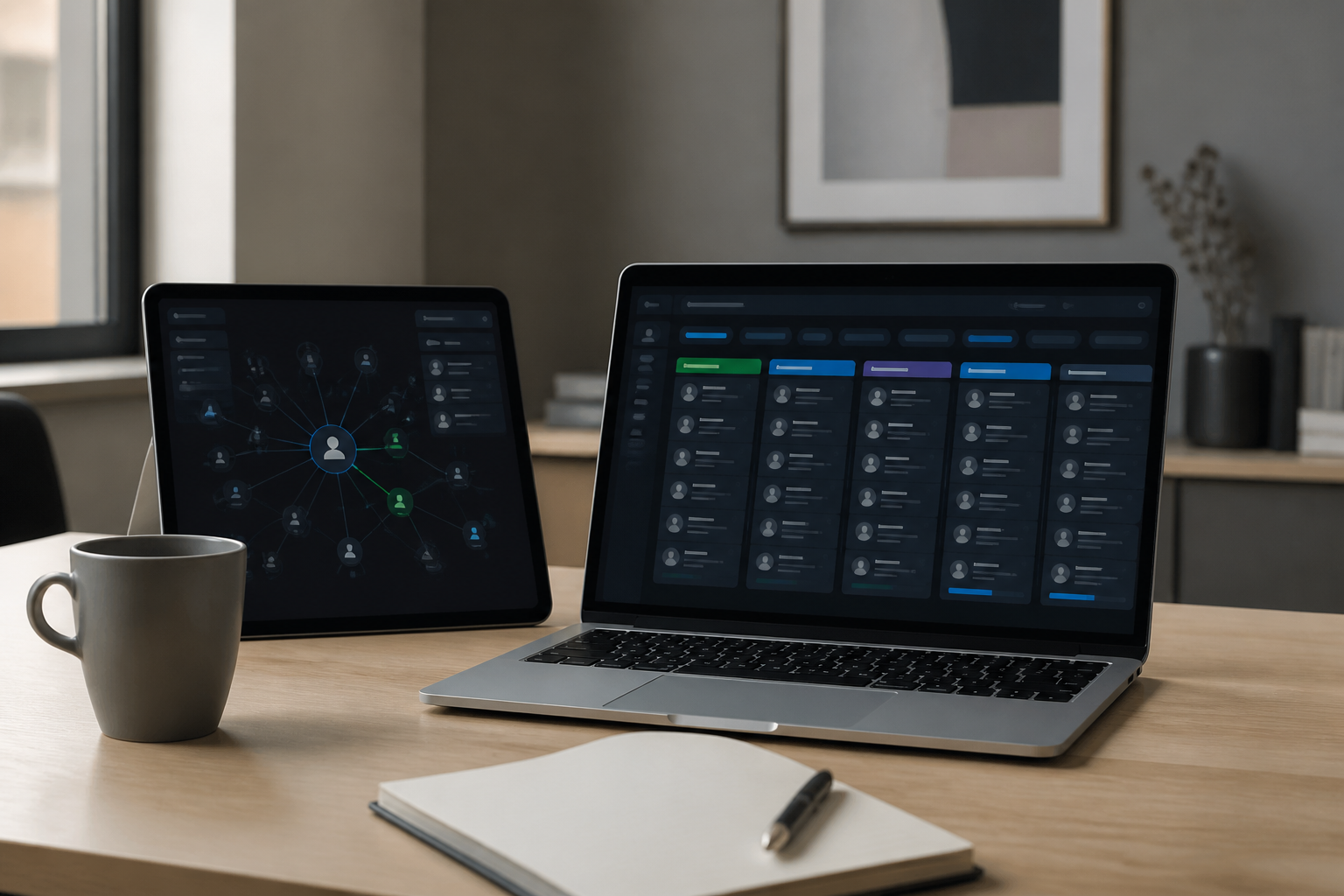 Espacio de trabajo con un CRM en laptop y tablet